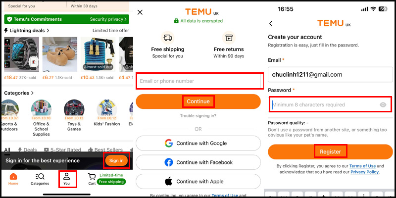 Đăng ký tài khoản Temu trên điện thoại