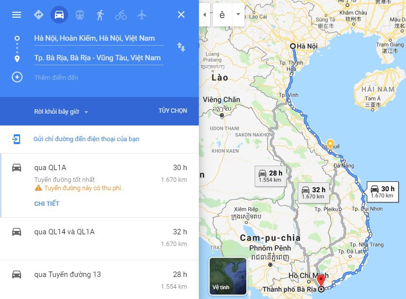 Từ Hà Nội đi Bà Rịa - Vũng Tàu bao nhiêu km? Xe Hà Nội đi Bà Rịa - Vũng Tàu