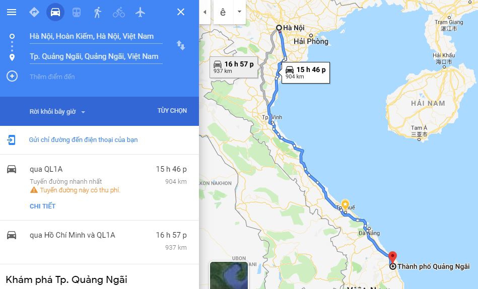 Từ Hà Nội đi Quãng Ngãi bao nhiêu km? Xe Hà Nội đi Quãng Ngãi