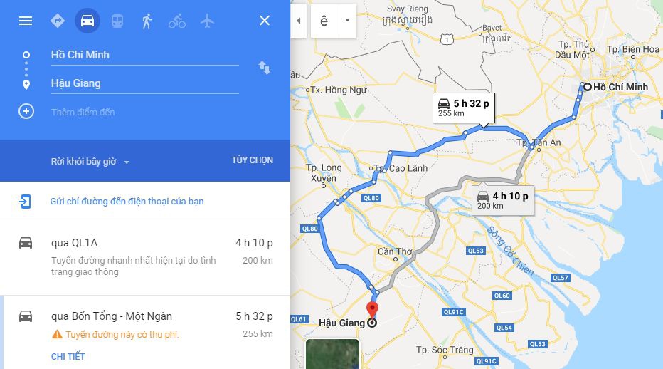 Từ Sài Gòn đi Hậu Giang bao nhiêu km và mất bao lâu?