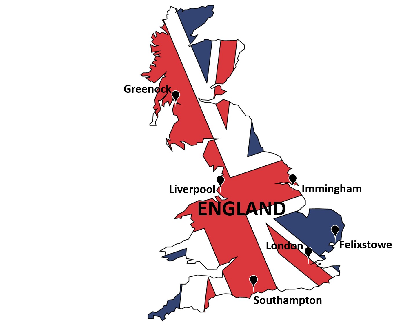 Bản đồ các cảng biển lớn ở Anh, nổi bật Felixstowe và Immingham trong chuỗi vận tải