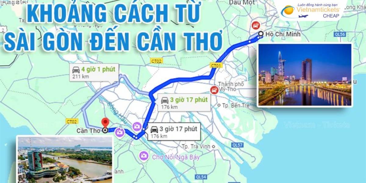 Minh họa sử dụng bản đồ để ước tính khoảng cách và lộ trình từ Cần Thơ đến Canada